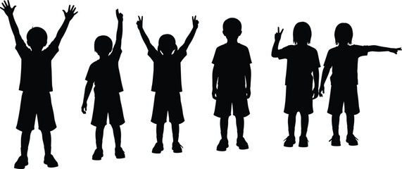 Silhouettes of children in expressive poses with raised arms, peace signs, and gestures, symbolizing playfulness, communication, and body language © Amina