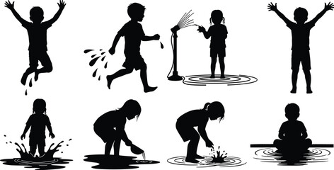 Silhouettes of children playing with water, splashing, running, jumping, and interacting outdoors, symbolizing joy, playfulness, and summer activities