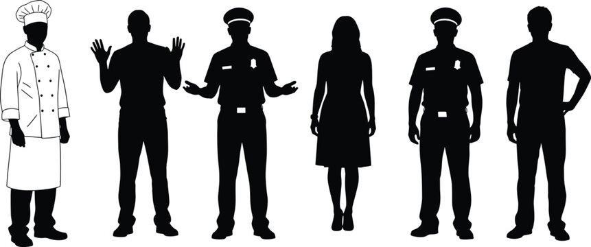 Silhouettes of chef, police officers, civilians, and woman in dress standing side by side representing professions and diversity