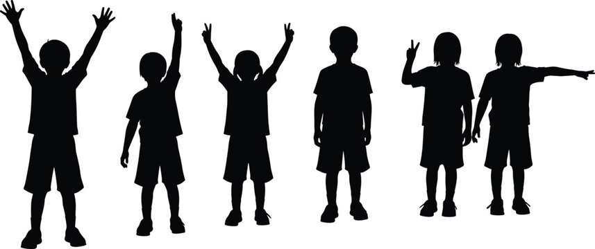 Silhouettes of children in expressive poses with raised arms, peace signs, and gestures, symbolizing playfulness, communication, and body language