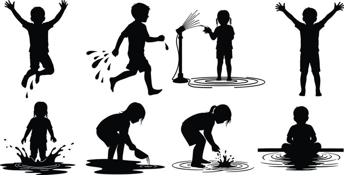 Silhouettes of children playing with water, splashing, running, jumping, and interacting outdoors, symbolizing joy, playfulness, and summer activities