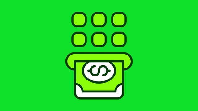 Green and black flat vector icon of an ATM cash withdrawal showing dollar bills 4k stock animation video on a green screen background for chroma key background for video editing.