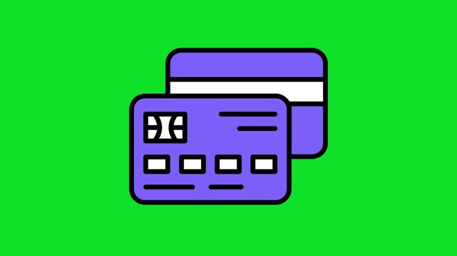 Purple ATM card icon representing digital transactions and secure online shopping 4k stock animation video on a green screen background for chroma key background for video editing.