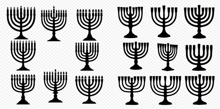 Collection of black menorah icons, a traditional Jewish candelabrum symbol for Hanukkah celebration.