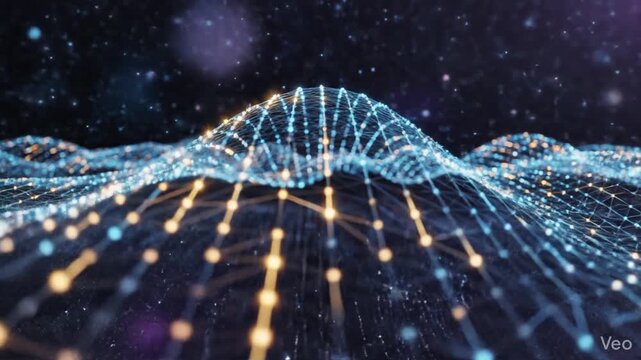 Futuristic digital wireframe mesh featuring 3D curved polygon geometry, neon blue wave formed by dots and lines representing global cryptocurrency networks and advanced high-tech data systems.
