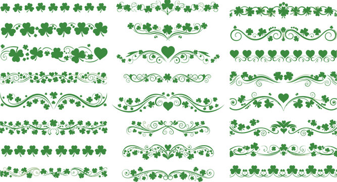 Collection of green shamrock and heart decorative borders and clover