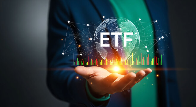 Businessman holding global exchange traded fund ETF icon and financial data graph
