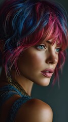 Fototapeta premium A close-up portrait of a woman with vibrant blue and pink hair, striking blue eyes, and smooth skin, looking thoughtfully to the side against a dark background.