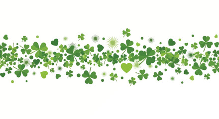 Fototapeta premium Green shamrocks hearts and dots border pattern on white background clover circle