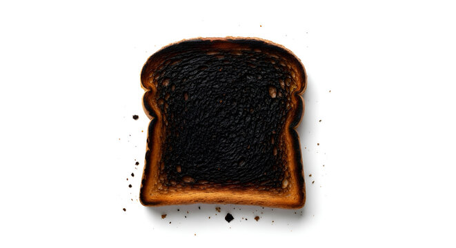 Burnt toast on white background closeup.