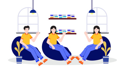 Employees enjoying a break and relaxing in a comfortable office lounge area with bean bags and bookshelves © petrukjowodesign