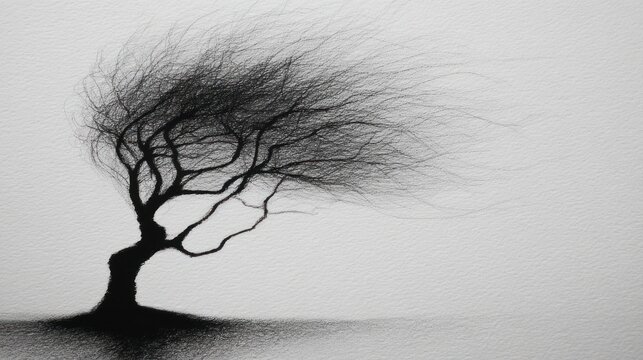 Black and white illustration of a windswept tree against a simple, pale background