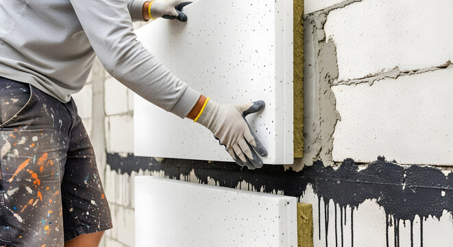 Installing external wall insulation panels | Professional home energy efficiency renovation | Building thermal insulation system | House exterior wall construction | Worker applying foam boards