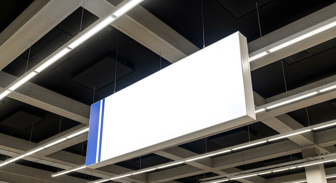 Blank hanging lightbox sign mockup in supermarket | Large white advertising banner in industrial ceiling interior | Clean indoor directional signage for mall | Minimalist horizontal billboard