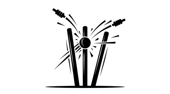 "Cricket Wicket Hit Vector Illustration, Ball Strikes Stumps, Flying Bails, Dynamic Motion Lines, Bold Black Design, Sports Symbol, Artistic Graphic, Game Moment, Athletic Event"