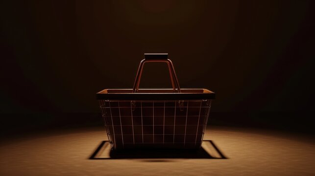 Golden shopping basket rendered in studio lighting, focused on handle and overall design