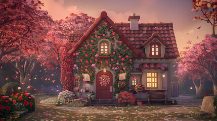 Fototapeta premium whimsical cottage with flowers and trees in autumnal setting