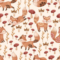 Obraz premium Cute woodland seamless pattern featuring fox, mushrooms, and autumn leaves. Perfect for kids fabric, nursery decor, wallpaper, and surface pattern design projects.