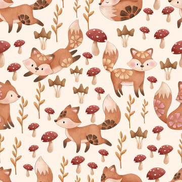 Cute woodland seamless pattern featuring fox, mushrooms, and autumn leaves. Perfect for kids fabric, nursery decor, wallpaper, and surface pattern design projects.