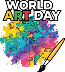 Obraz premium World art day celebration design with colorful puzzle map of the americas and a paintbrush