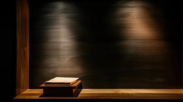 A dark interior space showing wooden shelves and a book under spotlight