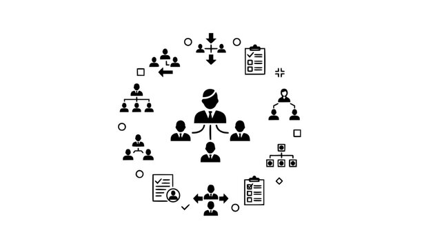 Delegation management icons in circular layout black flat vector set with team coordination and task distribution concept
