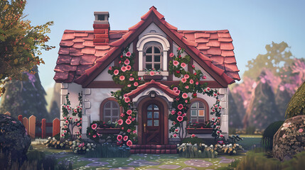 Fototapeta premium charming white house with red roof and pink flowers