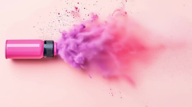 A bottle releases color powder into the air, forming a vibrant cloud against a pink surface in a creative setting