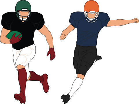 Cartoon illustration of two American football players in action showing running and kicking movements symbolizing sport, competition and teamwork