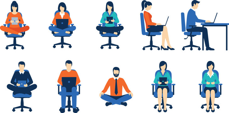 Cartoon illustration of ten office workers using laptops, tablets and meditating in chairs showing workplace styles, technology and mindfulness