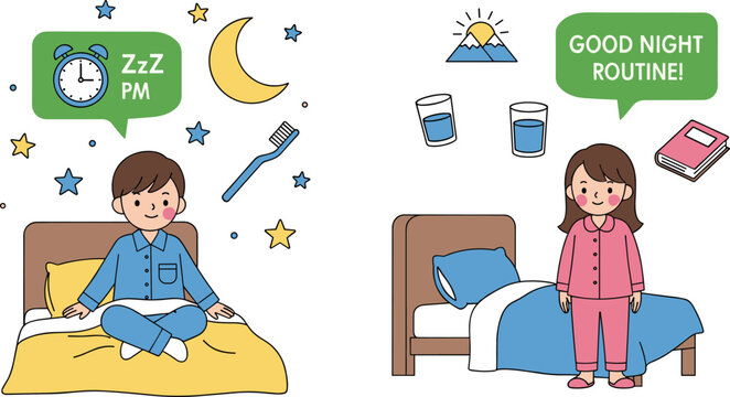 Cartoon illustration of two children in pajamas showing bedtime routines with symbols of healthy habits, sleep and nighttime activities