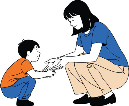 Cartoon illustration of woman and child squatting face to face showing care, connection, parenting, education and emotional support