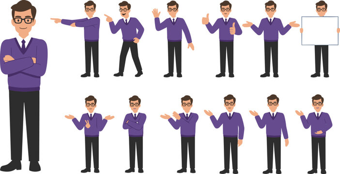 Cartoon male office character in purple sweater with glasses showing expressive gestures, confident poses, signs, pointing, waving, thumbs up