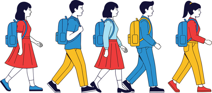 Five cartoon student illustrations walking in line with backpacks and colorful clothing symbolizing education, school life, learning and activities