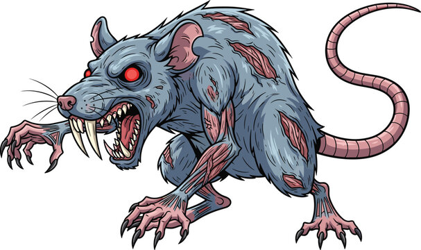 Grotesque monstrous rat creature with glowing red eyes, sharp fangs, claws, decayed zombie appearance for horror fantasy post‑apocalyptic artwork