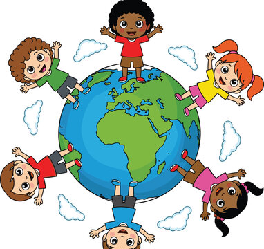 Joyful diverse children holding hands around Earth globe illustration symbolizing global unity, multicultural friendship, inclusivity, and harmony worldwide