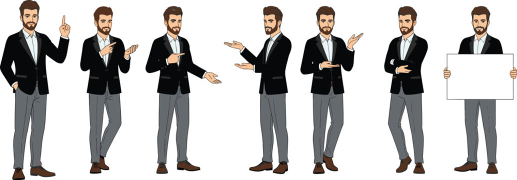 Seven cartoon illustrations of professional man in black blazer and gray pants showing different poses with gestures, pointing and blank sign