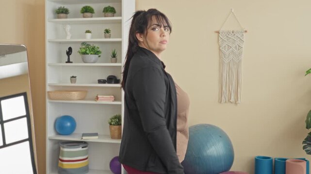 Woman in black jacket stands with arms crossed beside a large exercise ball in studio, assertive posture; confidence.