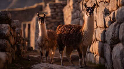 Naklejka premium Serene llamas graze amidst ancient Inca ruins bathed in warm morning light tranquility