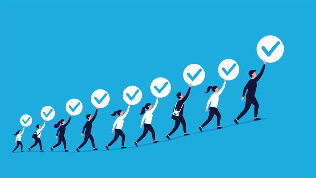 Group of business people carrying large white checkmark icons while walking up a curved path toward success and goals.