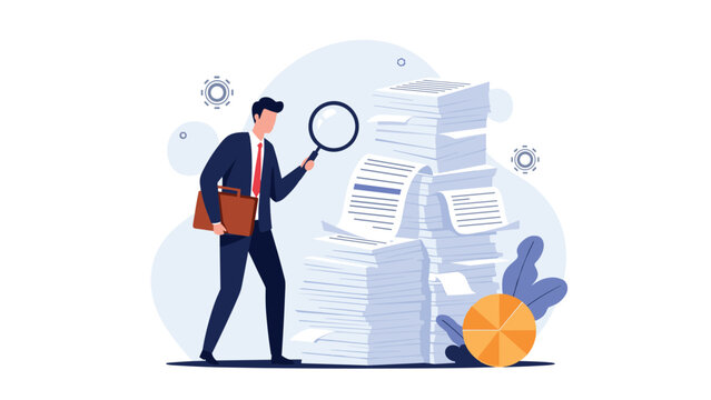 Professional businessman using a magnifying glass to carefully inspect a huge stack of paperwork in a busy office setting.