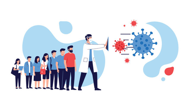 Dedicated doctor in a mask and lab coat shielding a group of people from large floating virus particles in a blue sky.