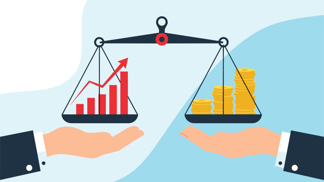 Two large hands holding a balance scale with a business growth chart on one side and a stack of gold coins on the other.