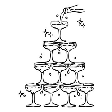 Elegant champagne tower glasses stacked celebration drink pouring sparkling wine wedding reception party luxury toast line art clipart
