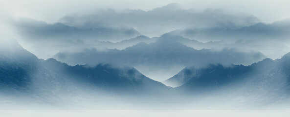 Obraz premium Ethereal Blue Hues Enveloping a Tranquil Mountainous Landscape, Evoking a Sense of Calm and Abstract Serenity with Hazy Forms and Atmospheric Depths