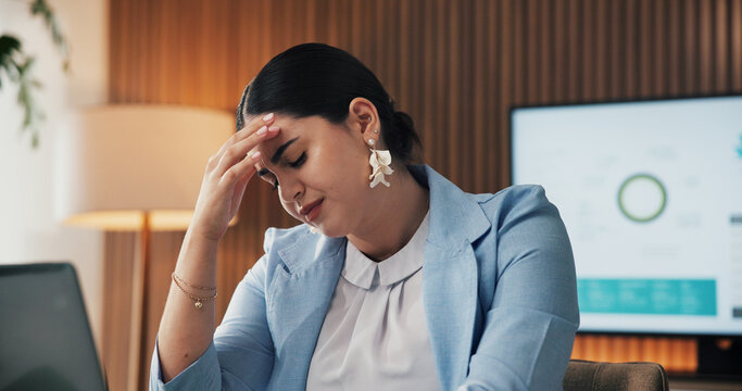 Stress, woman and headache with laptop in office for data mistake, system failure or deadline. Graphs, financial analyst and migraine with tech for metrics inconsistency, workload pressure or burnout
