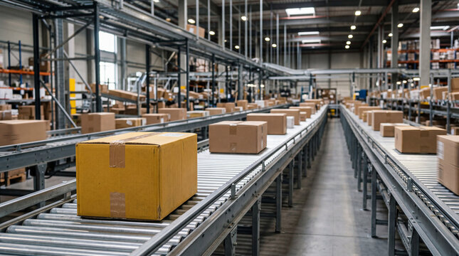 Cardboard parcels moving on roller conveyor belts inside a modern warehouse distribution center, logistics and e-commerce shipping concept.