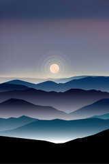 Obraz premium Serene mountain landscape with a full moon rising over layers of mist-shrouded peaks under a twilight sky