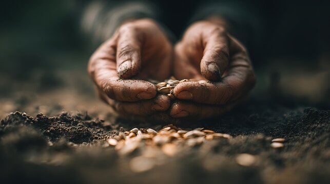 Hands gently covering seeds with soil in a minimal natural context, soft blurred surroundings with no distractions, warm soft light creating a nurturing mood, close-up macro shot with a 100mm lens, mi