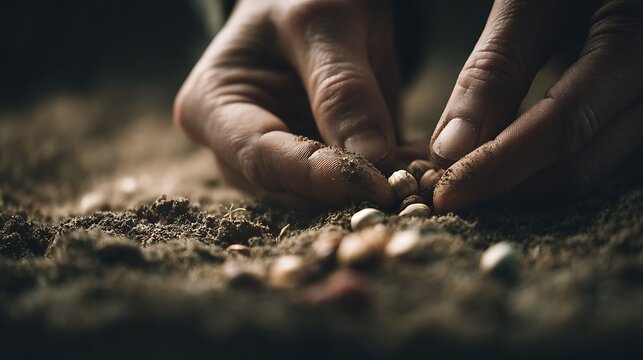 Hands gently covering seeds with soil in a minimal natural context, soft blurred surroundings with no distractions, warm soft light creating a nurturing mood, close-up macro shot with a 100mm lens, mi